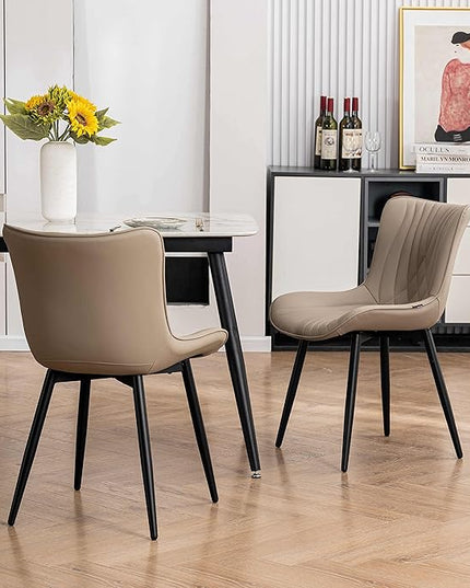 YOUTASTE Dining Chairs Set of 2 Upholstered Mid Century Modern Kitchen Dining Room Chairs Armless Faux Leather Accent Chairs Metal Vanity Lounge Chair with Back for Living Room Bedrooms,Khaki - LeafyLoom