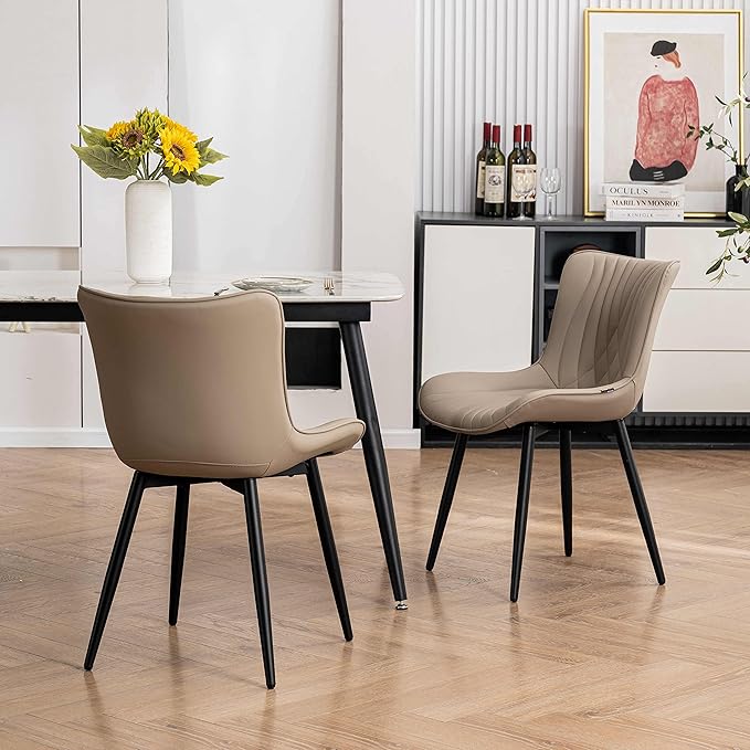YOUTASTE Dining Chairs Set of 2 Upholstered Mid Century Modern Kitchen Dining Room Chairs Armless Faux Leather Accent Chairs Metal Vanity Lounge Chair with Back for Living Room Bedrooms,Khaki - LeafyLoom
