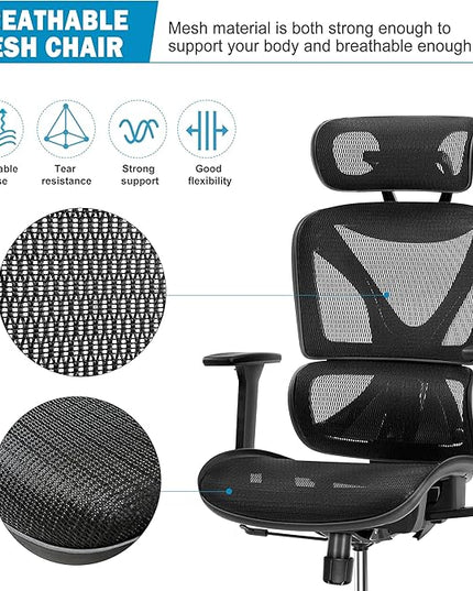 GABRYLLY Ergonomic Office Chair, Mesh Desk Chair with Lumbar Support, Adjustable 3D Arms, Reclining, Headrest & Large Seat - Big and Tall Ergonomic Chair for Home Office Work(Grey) - LeafyLoom