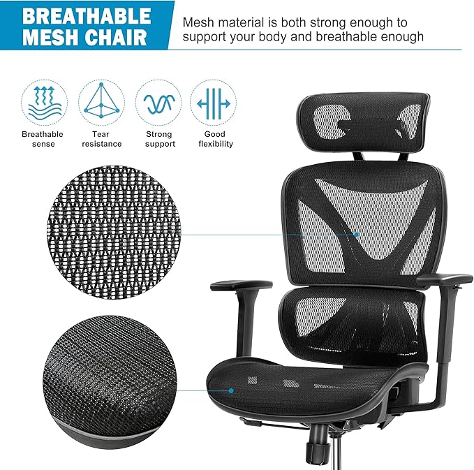 GABRYLLY Ergonomic Office Chair, Mesh Desk Chair with Lumbar Support, Adjustable 3D Arms, Reclining, Headrest & Large Seat - Big and Tall Ergonomic Chair for Home Office Work(Grey) - LeafyLoom