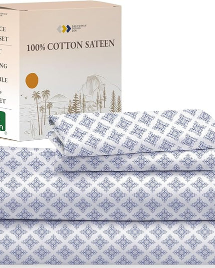 California Design Den Queen Bed Sheet Set, 100% Cotton Sateen Printed Pattern, 4 Pc Deep Pocket Queen Sheets & Pillowcase Set - Filigree - LeafyLoom