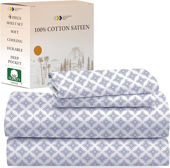 California Design Den Queen Bed Sheet Set, 100% Cotton Sateen Printed Pattern, 4 Pc Deep Pocket Queen Sheets & Pillowcase Set - Filigree - LeafyLoom