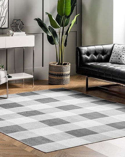 nuLOOM Lucy Machine Washable Farmhouse Buffalo Plaid Ultra Thin Area Rug, 6' Square, Grey - LeafyLoom