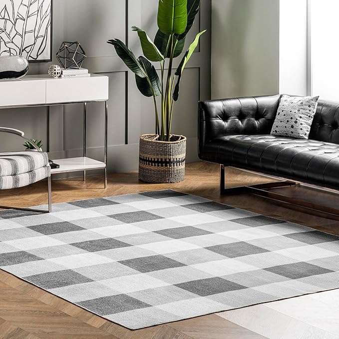 nuLOOM Lucy Machine Washable Farmhouse Buffalo Plaid Ultra Thin Area Rug, 6' Square, Grey - LeafyLoom