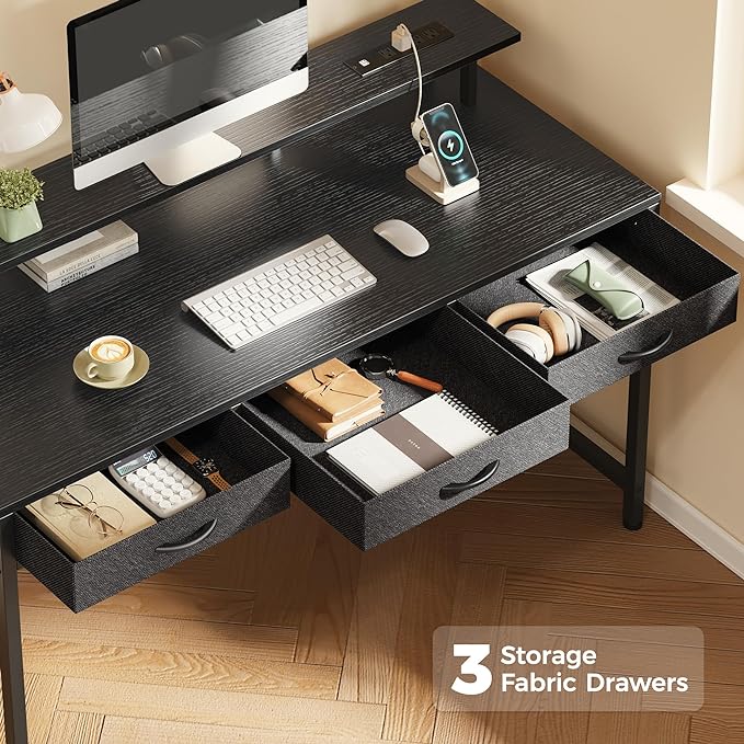 55 inch Computer Desk with 3 Drawers, Office Desk Gaming Desk with LED Lights & Power Outlets, Home Office Desks with Storage Space for Bedroom, Work from Home, Black - LeafyLoom