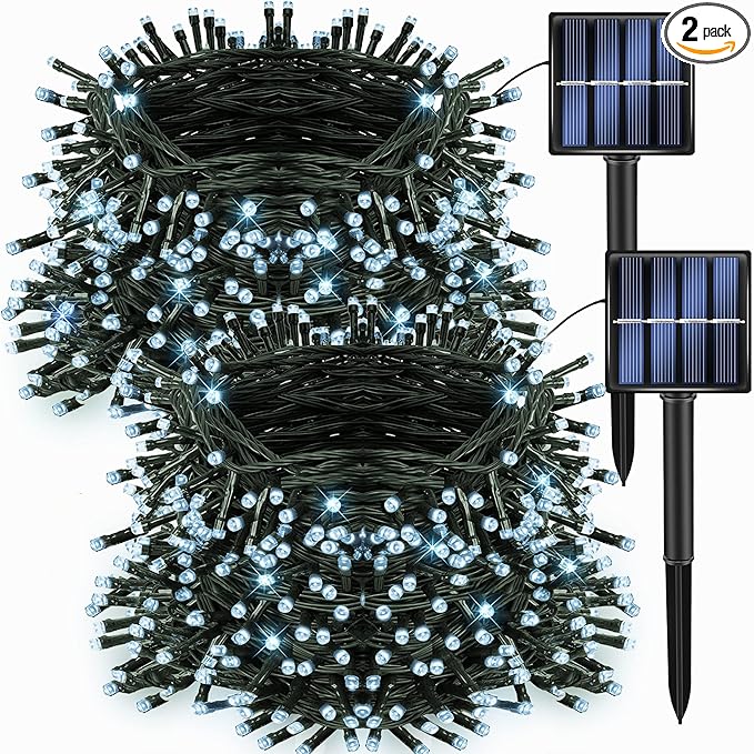Dazzle Bright 2 Pack Total 400LED 132FT White Christmas Solar String Outdoor Lights, Solar Powered with 8 Modes Waterproof Fairy Lights for Bedroom Patio Garden Tree Party Yard Decoration DazzleBright