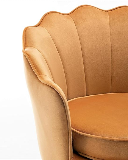 Velvet Barrel Accent Chair with Scalloped Silhouette and Gold Metal Legs, Decorative Piece Suitable for Traditional, Modern, and Contemporary Spaces, Mustard Yellow - LeafyLoom