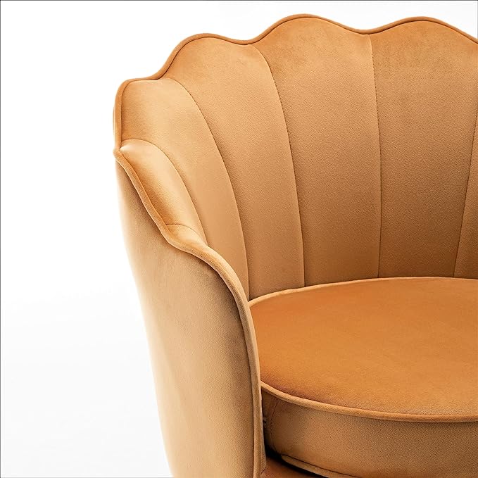 Velvet Barrel Accent Chair with Scalloped Silhouette and Gold Metal Legs, Decorative Piece Suitable for Traditional, Modern, and Contemporary Spaces, Mustard Yellow - LeafyLoom