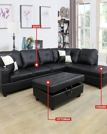 ROOMTEC Button L Shape 3 Piece Sectional Sofa Set, Upholstered Corner Couch with Storage Ottoman, Faux Leather Tufted Cushions, for Living Room, Apartment, 103inch, Black w/Right Chaise Lounge - LeafyLoom
