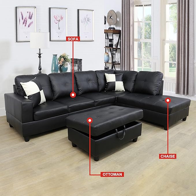 ROOMTEC Button L Shape 3 Piece Sectional Sofa Set, Upholstered Corner Couch with Storage Ottoman, Faux Leather Tufted Cushions, for Living Room, Apartment, 103inch, Black w/Right Chaise Lounge - LeafyLoom