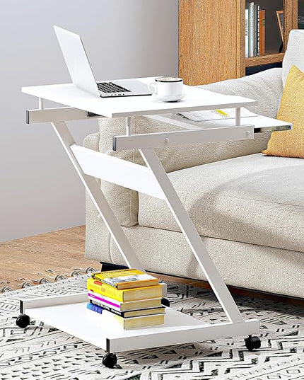 sogesfurniture Mobile Computer Desk Small Rolling Office Table Workstation with Printer Shelf and Keyboard Tray, Space-Saving Computer Desk with Storage Shelf for Home and Office (White) - LeafyLoom