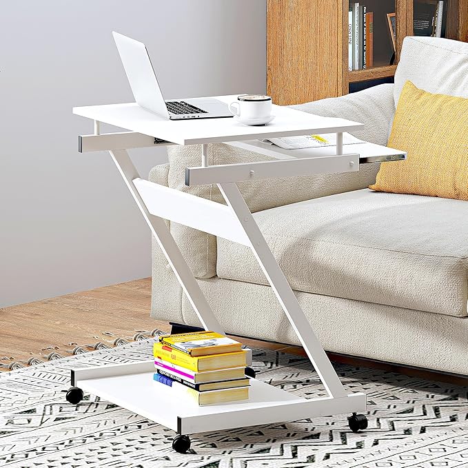 sogesfurniture Mobile Computer Desk Small Rolling Office Table Workstation with Printer Shelf and Keyboard Tray, Space-Saving Computer Desk with Storage Shelf for Home and Office (White) - LeafyLoom