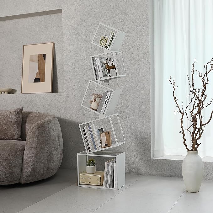 Bookshelf, 5-Tier Bookcase White, 67" Tall White Bookshelf, 5 Tier Bookshelf, Industrial Bookshelf, Modern Book Storage, Storage Shelves for CDs/Books/Home Decor, Display Shelf - LeafyLoom
