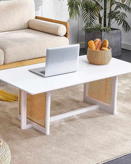 Chinese Style Coffee Table, Rattan Rectangular Solid Wood Coffee Table, Mid Century Modern Coffee Table Center Table Tea Table for Living Room Office, White - LeafyLoom