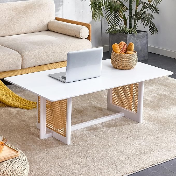 Chinese Style Coffee Table, Rattan Rectangular Solid Wood Coffee Table, Mid Century Modern Coffee Table Center Table Tea Table for Living Room Office, White - LeafyLoom