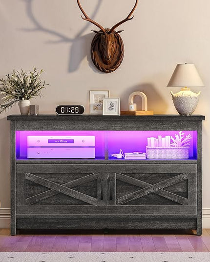 YITAHOME Media Console with LED Light and Power Outlet, Farmhouse TV Stand for up to 40 Inch TV, Rustic Entertainment Center Table TV Cabinet for Living Room, Dark Grey, 35'' Wide - LeafyLoom
