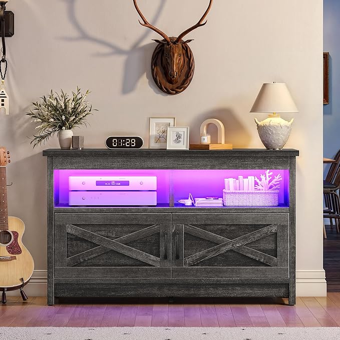 YITAHOME Media Console with LED Light and Power Outlet, Farmhouse TV Stand for up to 40 Inch TV, Rustic Entertainment Center Table TV Cabinet for Living Room, Dark Grey, 35'' Wide - LeafyLoom