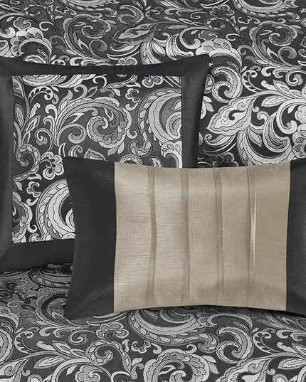 Madison Park Essentials Brystol 24 Piece Room in a Bag Faux Silk Comforter Jacquard Paisley Design Matching Curtains Down Alternative All Season Bedding-Set, Queen(90 in x 90 in), Black 24 Piece - LeafyLoom