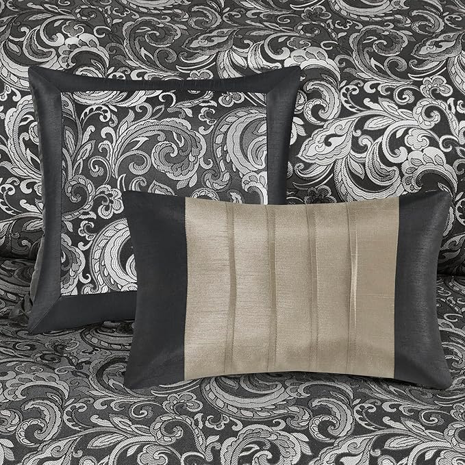 Madison Park Essentials Brystol 24 Piece Room in a Bag Faux Silk Comforter Jacquard Paisley Design Matching Curtains Down Alternative All Season Bedding-Set, Queen(90 in x 90 in), Black 24 Piece - LeafyLoom