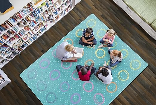 Flagship Carpets Smiley Circle Sampler Abstract Educational Area Rug for Kids Room Seating Décor, Children's Classroom, Play Carpet for Teaching and Playroom, Seats 30, 10'6"x13'2", Blue & Multi - LeafyLoom
