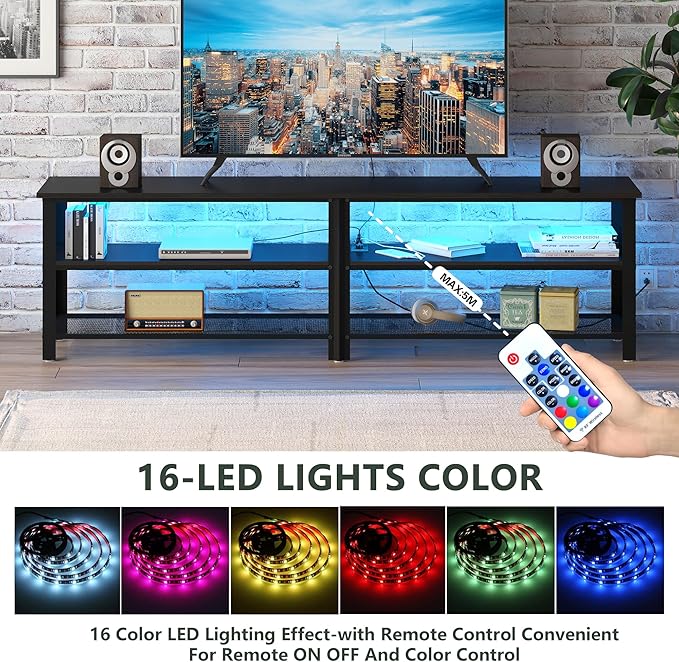 Clikuutory Modern Black 63 inch Metal TV Stand with LED Lights and Power Outlets for 40 50 55 60 65 70 Inch TVs, 3 Tier Television Stands with Entertainment Center and Storage for Living Room, Bedroom - LeafyLoom