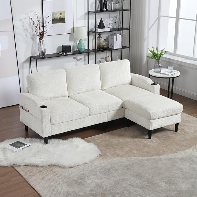 Convertible Sectional Sofa with Movable Storage Ottoman and Cupholders, 3 Seater L-Shaped Corner Couch,Chenille Upholstered Furniture w/Detachable Thicked Cushions for Living Room, Small Space - LeafyLoom