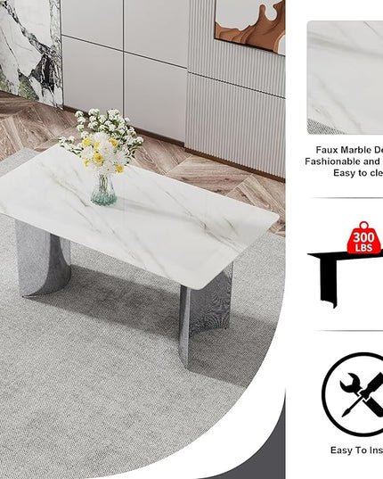 NicBex 63Inch Rectangular Dining Table,Modern Kitchen Table with Imitation Marble Glass Sticker Tabletop and Stainless Steel Legs for 6 to 8,Dining Room Table for Kitchen,Meeting Living Room,White - LeafyLoom