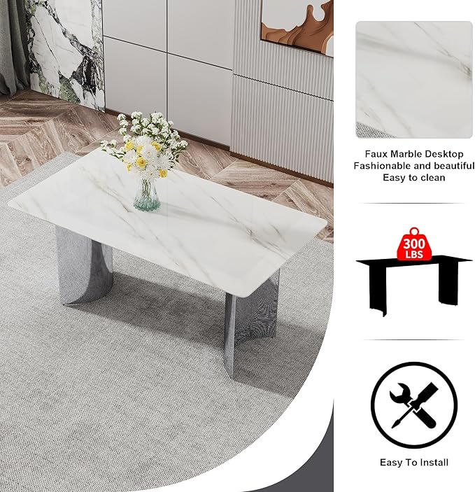 NicBex 63Inch Rectangular Dining Table,Modern Kitchen Table with Imitation Marble Glass Sticker Tabletop and Stainless Steel Legs for 6 to 8,Dining Room Table for Kitchen,Meeting Living Room,White - LeafyLoom