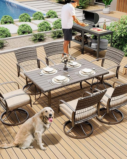 Pamapic 7 Piece Patio Dining Set for 6,Wicker Outdoor Furniture Set for Backyard Garden Deck Poolside with Iron Slats Table Top,6 Cushions Swivel Rocker Chairs,Removable Cushions(Beige) - LeafyLoom