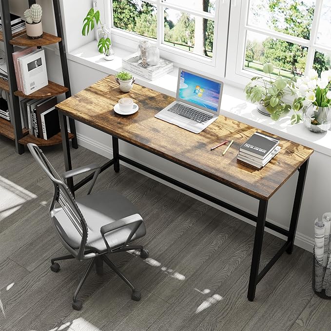 Shintenchi 55 inch Computer Desk, Study Workstation Modern Simple Design for Home Office, Student Writing Desk, Office Working Desk, Vintage Brown - LeafyLoom