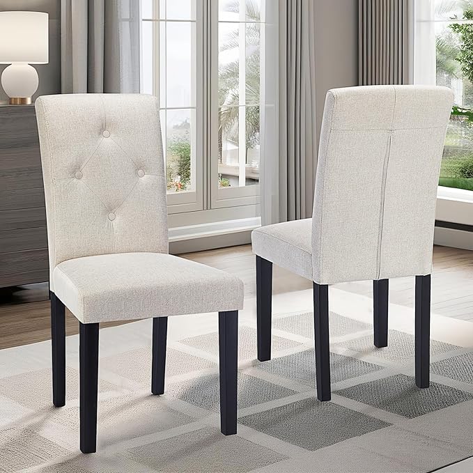 VECELO Upholstered Dining Chairs Set of 2 Modern Fabric and Solid Wood Legs & High Back, Parsons for Kitchen/Living Room-Beige - LeafyLoom