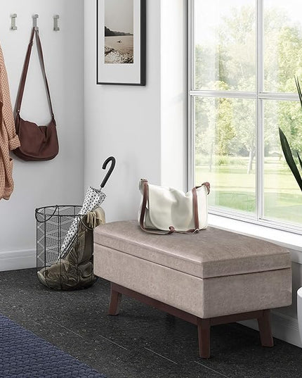 SIMPLIHOME Owen 36 Inch Wide Mid Century Modern Rectangular Coffee Table Lift Top Storage Ottoman in Upholstered Distressed Grey Taupe Faux Leather, For the Living Room - LeafyLoom