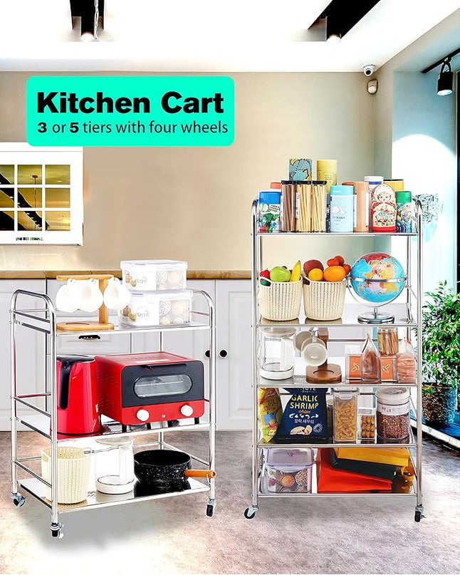 Stainless Steel Cart with Wheels 5 Tier | Stainless Steel Kitchen Cart | Stainless Steel Utility Cart | Metal Cart with Wheels | Suitable for Various Occasions | Movable, Gift tools - LeafyLoom
