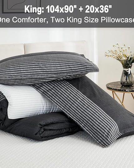 Litanika King Bed Comforter Set Black White Grey - 3 Pieces Lightweight Bedding Set, All Season Down Alternative Comforter (1 Comforter, 2 Pillowcases) - LeafyLoom