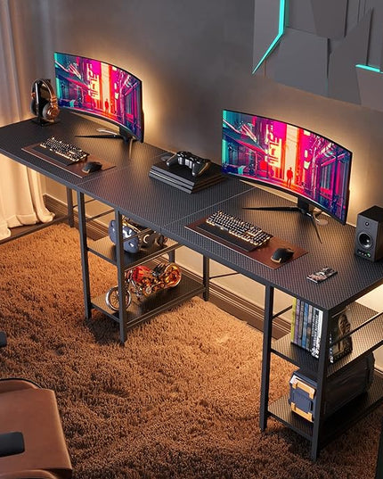 Bestier L Shaped Gaming Desk with Shelves 95.2 Inch Reversible Corner Computer Desk or 2 Person Long Table for Home Office Large Writing Storage Workstation P2 Board with 3 Cable Holes, Carbon Fiber - LeafyLoom