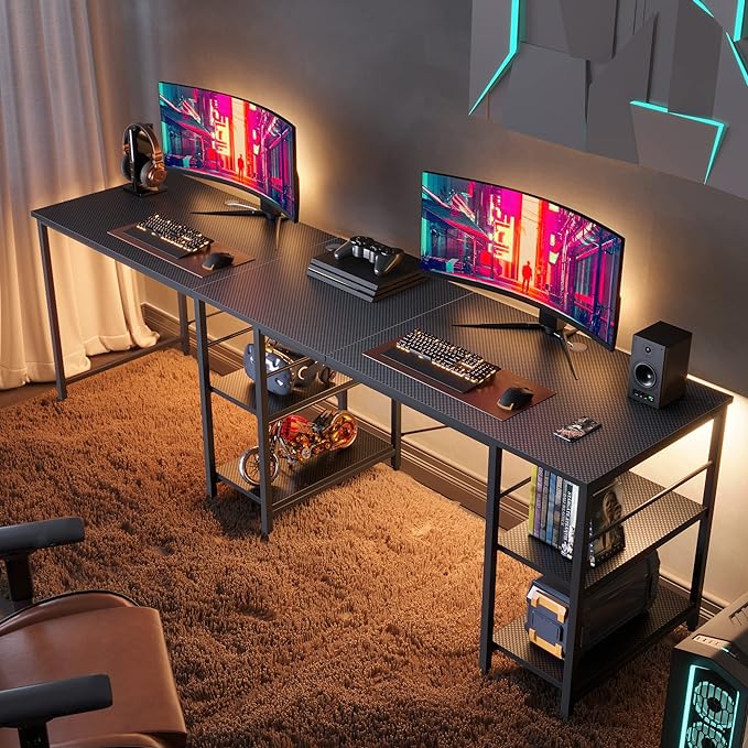 Bestier L Shaped Gaming Desk with Shelves 95.2 Inch Reversible Corner Computer Desk or 2 Person Long Table for Home Office Large Writing Storage Workstation P2 Board with 3 Cable Holes, Carbon Fiber - LeafyLoom