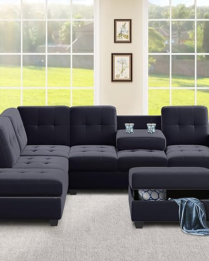 122.1" Modern U-Shape Sectional Sofa with Right Side Chaise & Removable Ottoman, Velvet Upholstered Couch w/ 3 Pillows, for Living Room, Apartment, 112 Inch, Balck - LeafyLoom