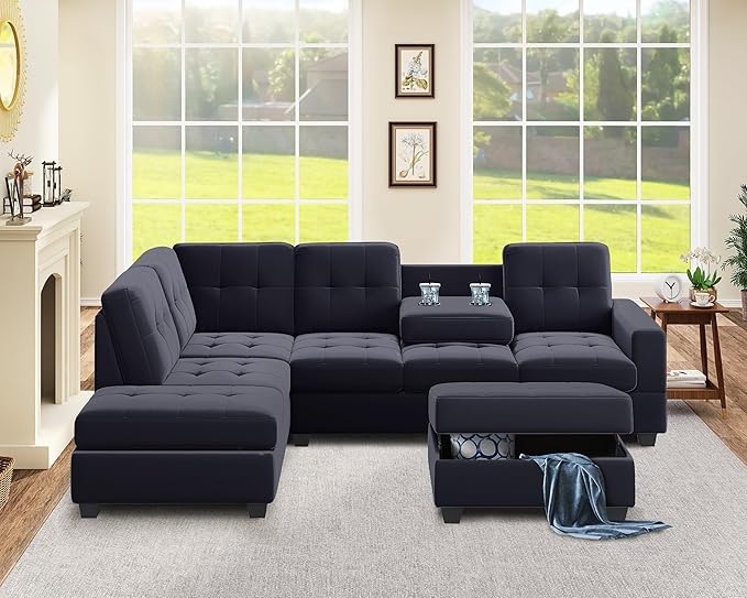 122.1" Modern U-Shape Sectional Sofa with Right Side Chaise & Removable Ottoman, Velvet Upholstered Couch w/ 3 Pillows, for Living Room, Apartment, 112 Inch, Balck - LeafyLoom
