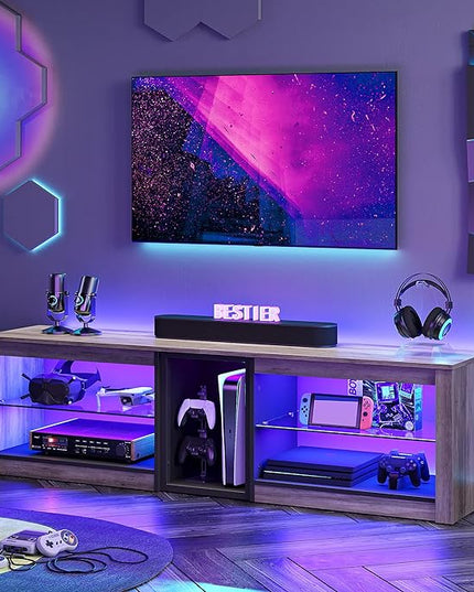 Bestier TV Stand for 70 inch TV, Gaming Entertainment Center for PS5, LED TV Cabinet with Glass Shelves for Living Room, 63'' Inch, Grey Wash - LeafyLoom