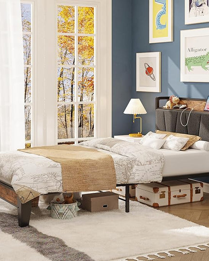 LIKIMIO Twin XL Bed Frames, Storage Headboard with Charging Station, Solid and Stable, Noise Free, No Box Spring Needed, Easy Assembly - LeafyLoom