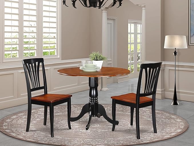 East West Furniture DLAV3-BCH-W 3 Piece Dining Room Furniture Set Contains a Round Kitchen Table with Dropleaf and 2 Dining Chairs, 42x42 Inch, Black & Cherry - LeafyLoom