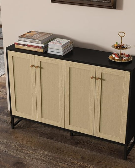 Panana Sideboard Accent Storage Cabinet with Rattan Decorated 4 Doors Dining Room Freestanding Kitchen Buffet Table Cupboard (Black) - LeafyLoom