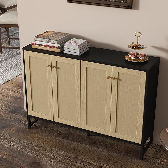 Panana Sideboard Accent Storage Cabinet with Rattan Decorated 4 Doors Dining Room Freestanding Kitchen Buffet Table Cupboard (Black) - LeafyLoom