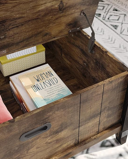 Bestier Farmhouse Coffee Table, Square Wood Center Table with Large Hidden Storage Compartment for Living Room, Rustic Cocktail Table with Hinged Lift Top for Home,Rustic Brown - LeafyLoom