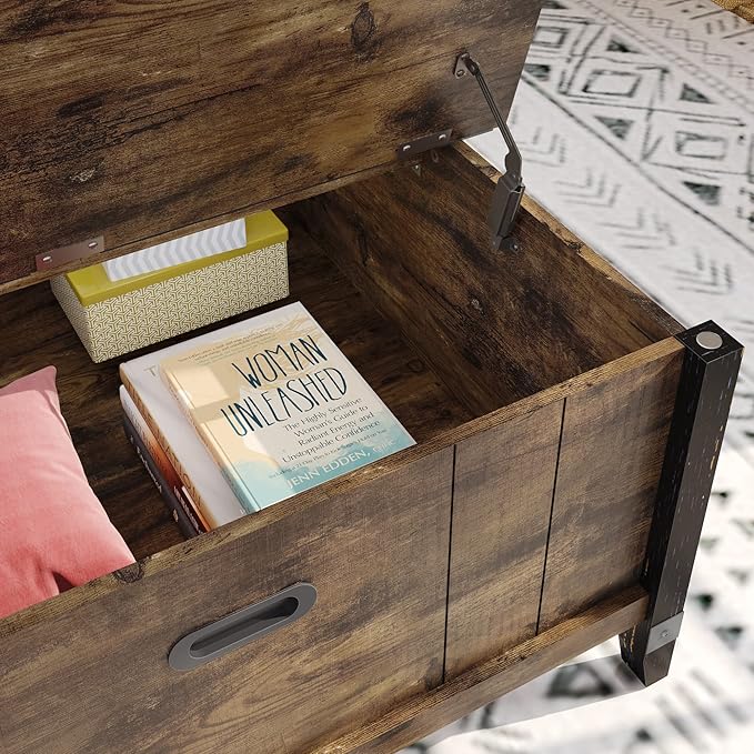 Bestier Farmhouse Coffee Table, Square Wood Center Table with Large Hidden Storage Compartment for Living Room, Rustic Cocktail Table with Hinged Lift Top for Home,Rustic Brown - LeafyLoom