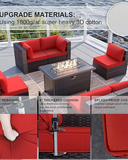 Kullavik 8 Pieces Outdoor Patio Furniture Set with 43" 55000BTU Gas Propane Fire Pit Table PE Wicker Rattan Sectional Sofa Patio Conversation Sets,Red - LeafyLoom