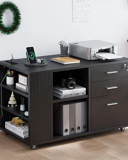 YITAHOME 3 Drawer File Cabinet with Charging Station, Home Office Furniture, Black - LeafyLoom