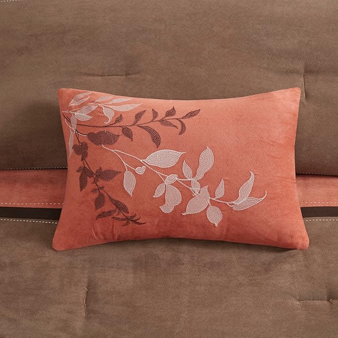 Madison Park Palisades Comforter Set Modern Faux Suede Pieced Stripe Design, All Season Down Alternative Cozy Bedding with Matching Shams, Decorative Pillows, Cal King(104"x92"), Coral 7 Piece - LeafyLoom