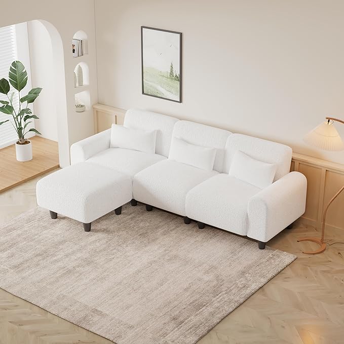 NicBex Sectional Couch Sofa with Lounge Chair Polyester Modern L Shaped Cloud Couch for Living Room Furniture Sets with Waist Pillows, Modular Sofa for Living Room, Bedroom, Apartment, 84.6" L, White - LeafyLoom