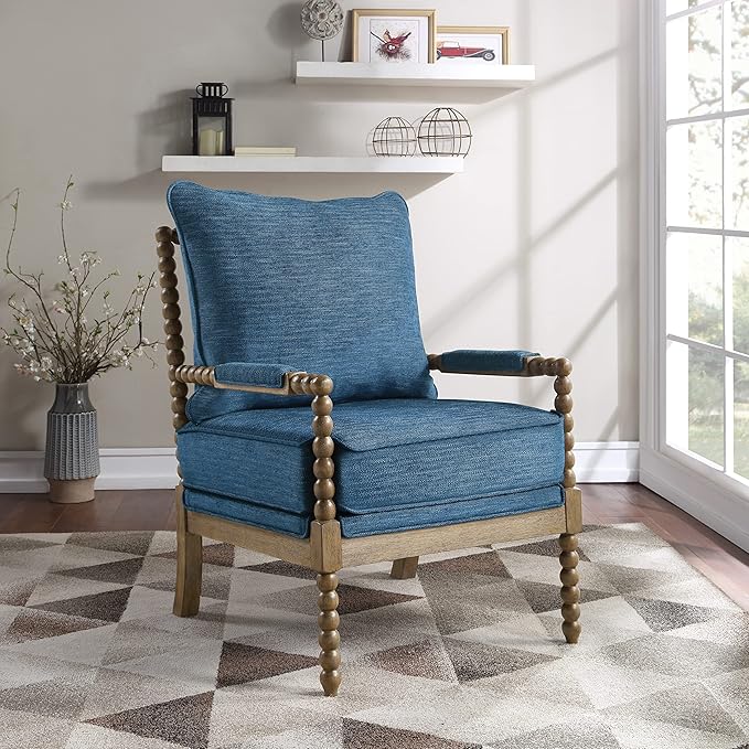 OSP Home Furnishings Fletcher Spindle Accent Chair with Rustic Brown Finish, Navy Blue Upholstery - LeafyLoom